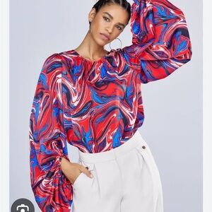 New York & Company Red and Blue Swirl Blouse Sz L. NWT